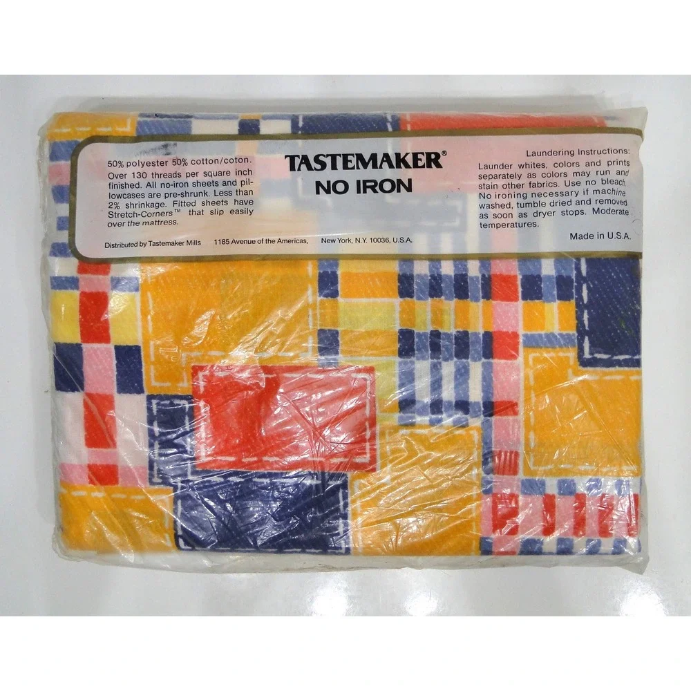 Vintage Tastemaker Full Flat Sheet Patchwork Geometric Retro Multi Color New NOS